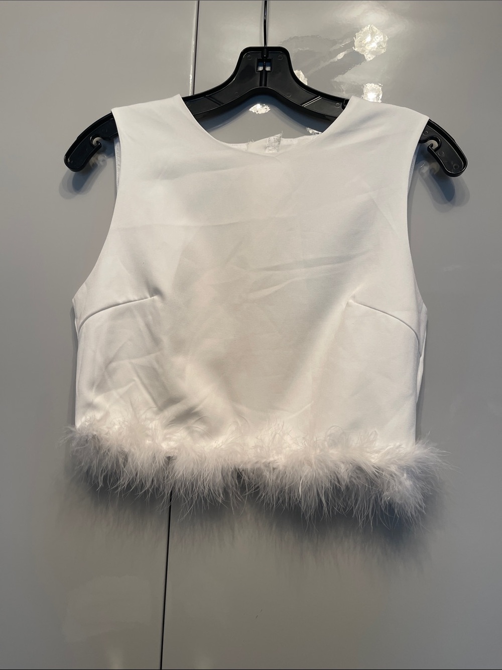 White Feather-Trim Sleeveless Crop Top